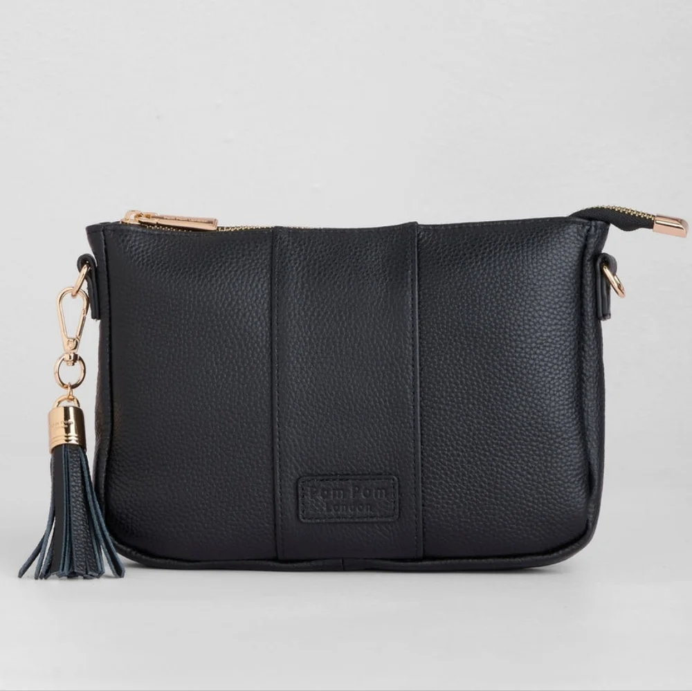 Pom Pom London City Slim Bag Black Leather Strap Purse - Picture 4 of 6